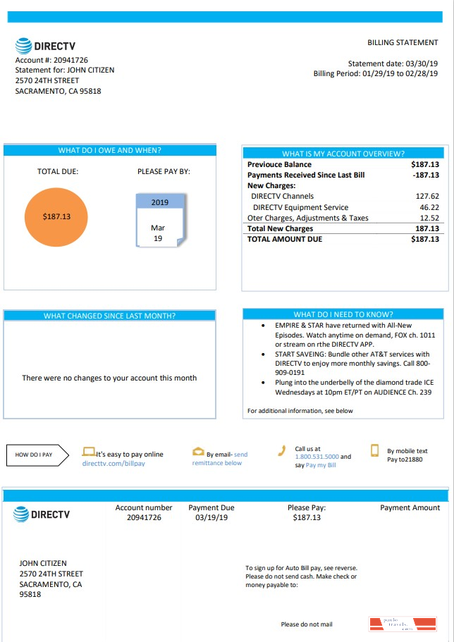 USA California Directv utility bill template in Word and PDF format, good for address prove
